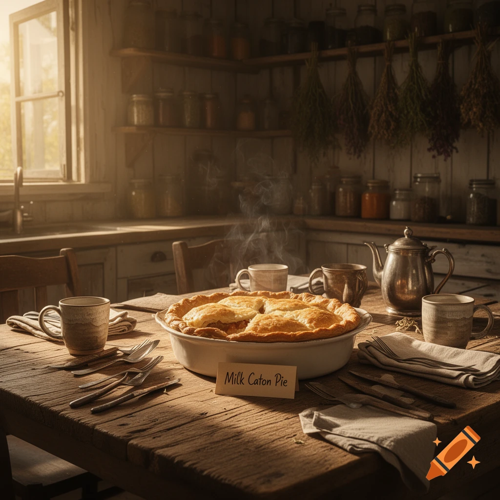 A golden-crusted pie labeled "Milk Caton Pie" sits on a rustic wooden table with steaming mugs and a teapot in a sunlit kitchen.