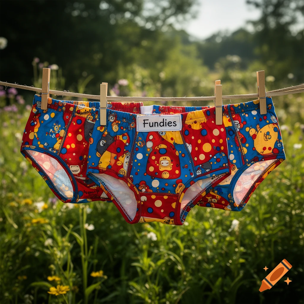 Two colorful pairs of children's underwear with 'Fundies' labels hang on a clothesline in a sunny outdoor field.