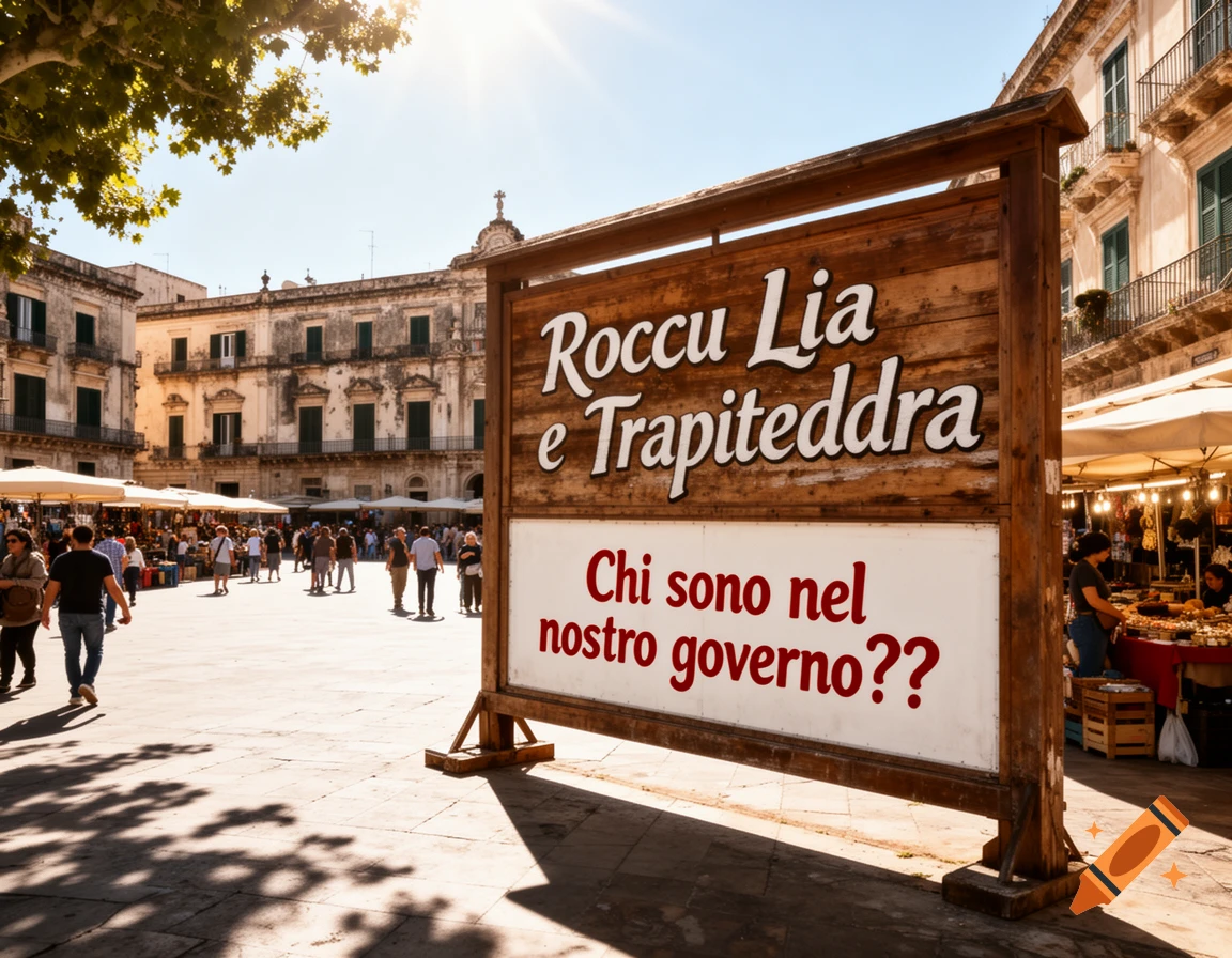 A sunlit historic town square bustling with people, market stalls, old buildings, and a large wooden sign with Italian text.