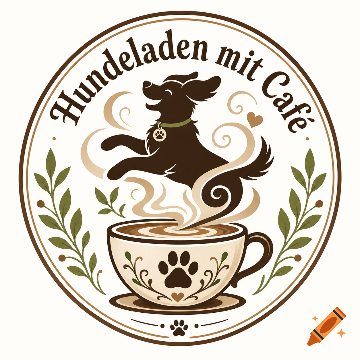 Round logo featuring a jumping brown dog over a coffee cup, with green leaves and 'Hundeladen mit Caf\u00e9' text.