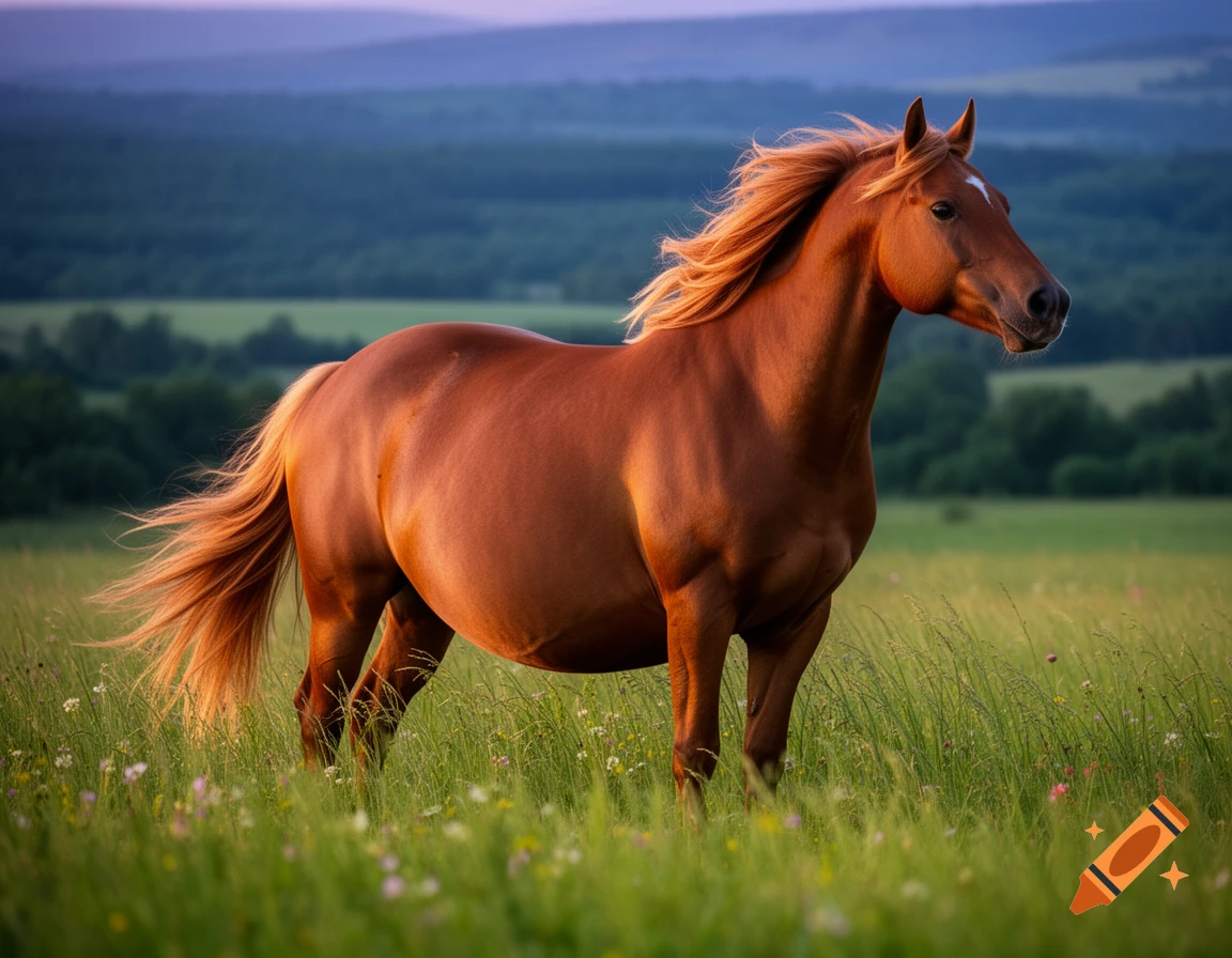 A beautiful brown horse with a golden mane and tail stands in a green meadow with distant hills under a twilight sky.