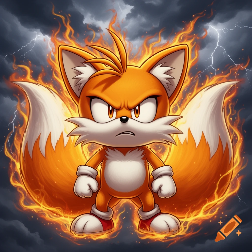 Angry cartoon fox character Tails surrounded by fire and lightning against a stormy sky.