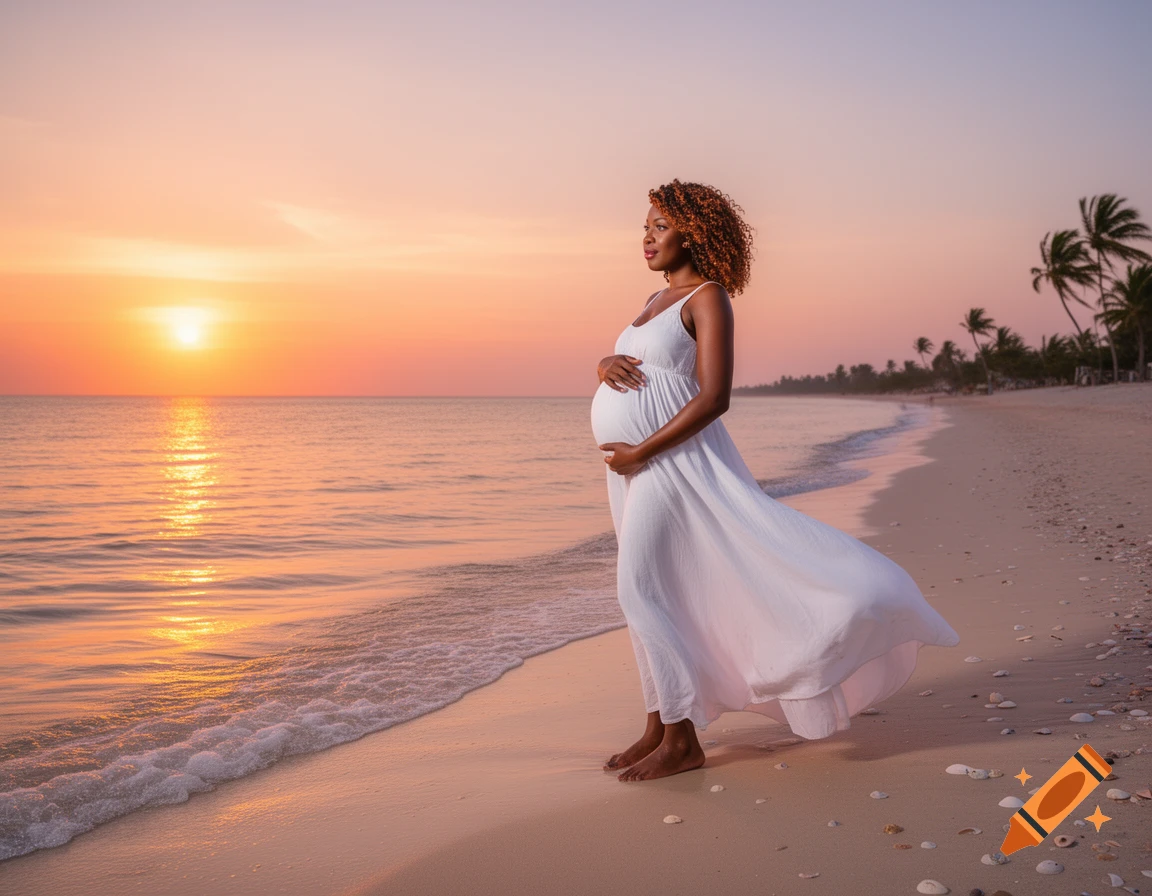 A radiant pregnant African woman stands barefoot on a tropical beach at sunrise, gently holding her baby bump.