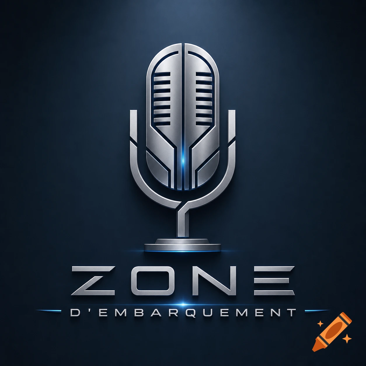 A metallic silver 3D logo of a retro microphone with glowing blue accents and the text 'ZONE D'EMBARQUEMENT' on a dark background.