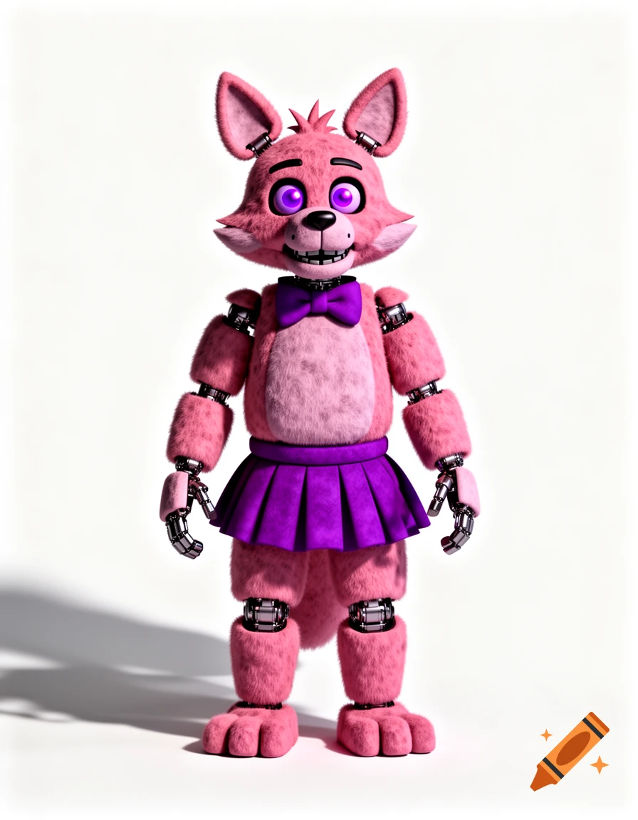 A pink fox animatronic character with purple eyes, a purple bow tie, and a purple skirt stands on a white background, casting a shadow.