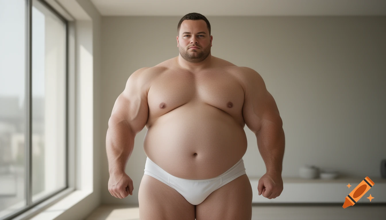 A very muscular man with a large belly wearing white underwear stands in a bright room.