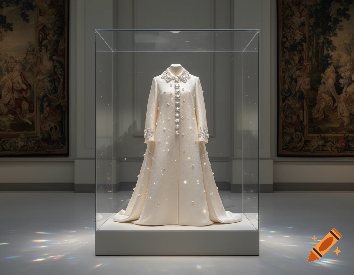 Exquisite white coat adorned with pearls and diamonds, displayed in a glass case within a museum, illuminated by iridescent lights.