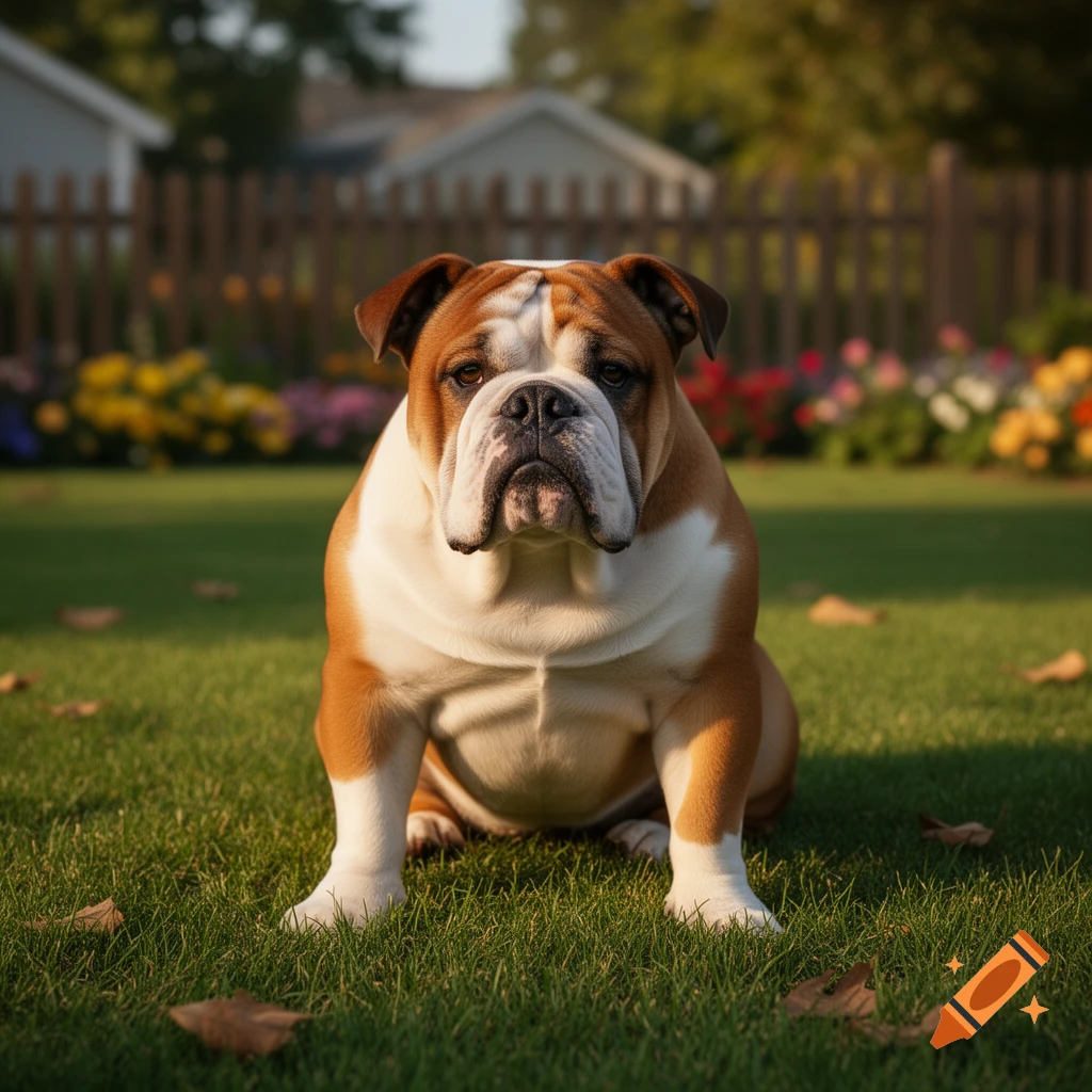 A brown and white English bulldog sits in a sunny green garden with a blurred fence and colorful flowers in the background.