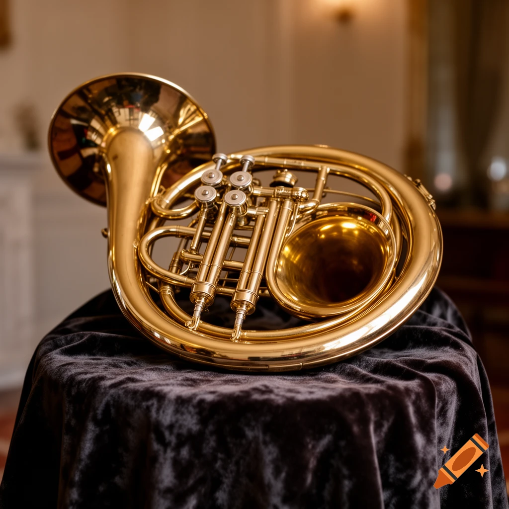 A shiny golden French horn rests on a dark velvet cloth, captured in a detailed photorealistic style.