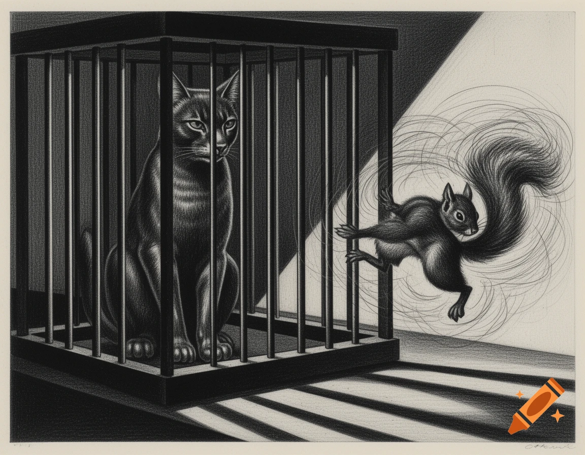 Black and white drawing of a cat in a cage watching a squirrel running outside the cage.