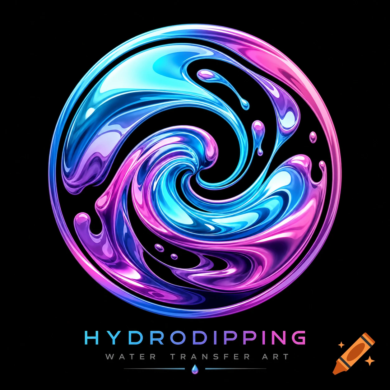 A circular logo with swirling blue, purple, and pink glossy liquid art, resembling water ripples, against a black background. Text reads 'HYDRODIPPING WATER TRANSFER ART'.