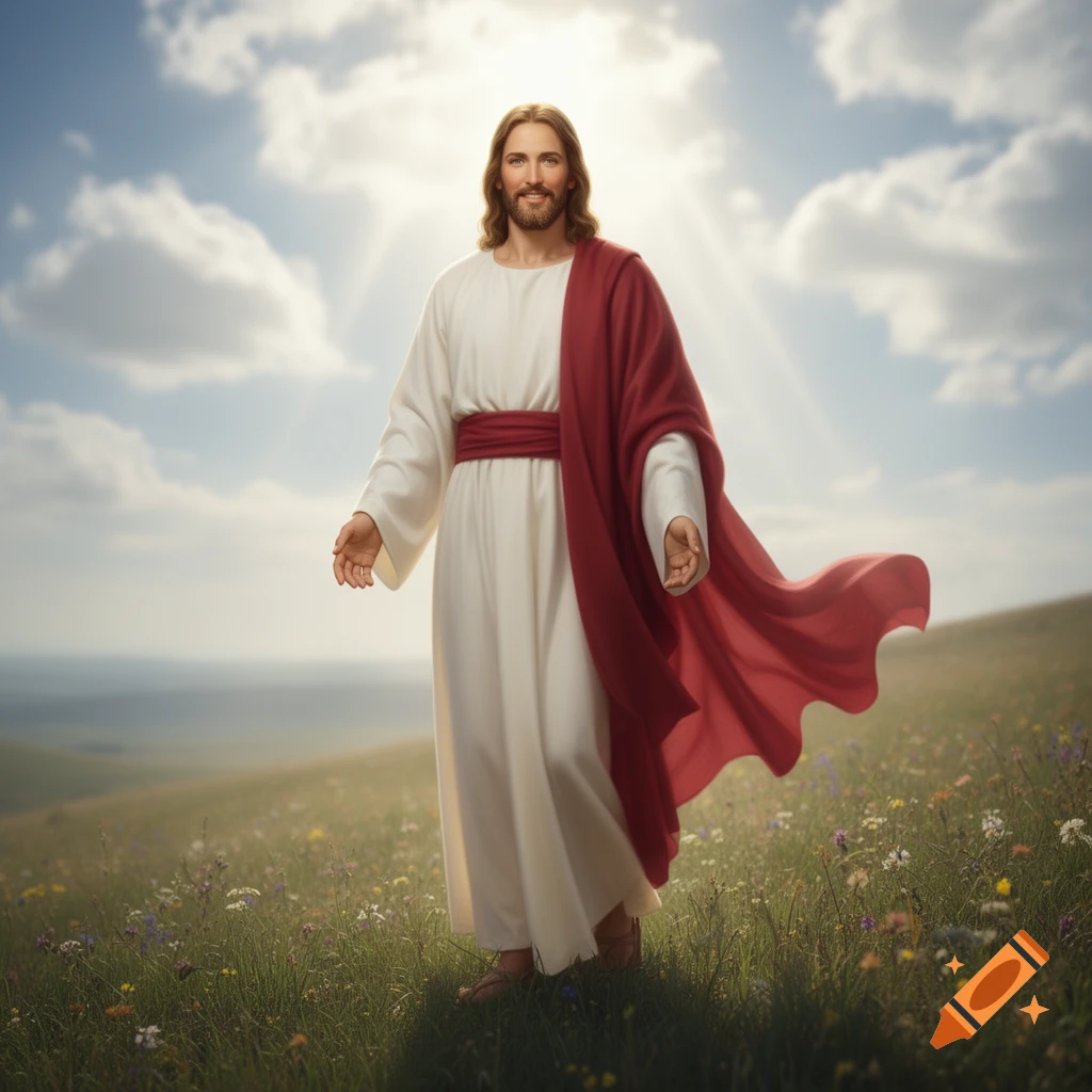 Jesus, wearing a white robe and red sash, stands in a vibrant green meadow under a bright, sunny sky with clouds.