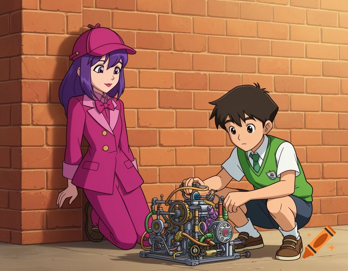 A purple-haired girl in a pink suit leans against a terracotta brick wall, watching a boy in a green vest crouch and work on a complex invention.
