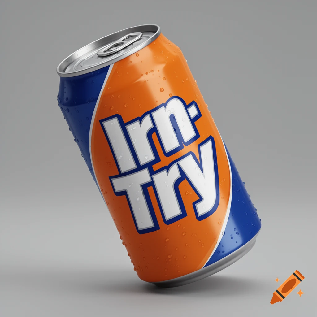 Photorealistic image of a cold orange and blue soda can with water droplets, featuring the text "Irn-Try" in white.