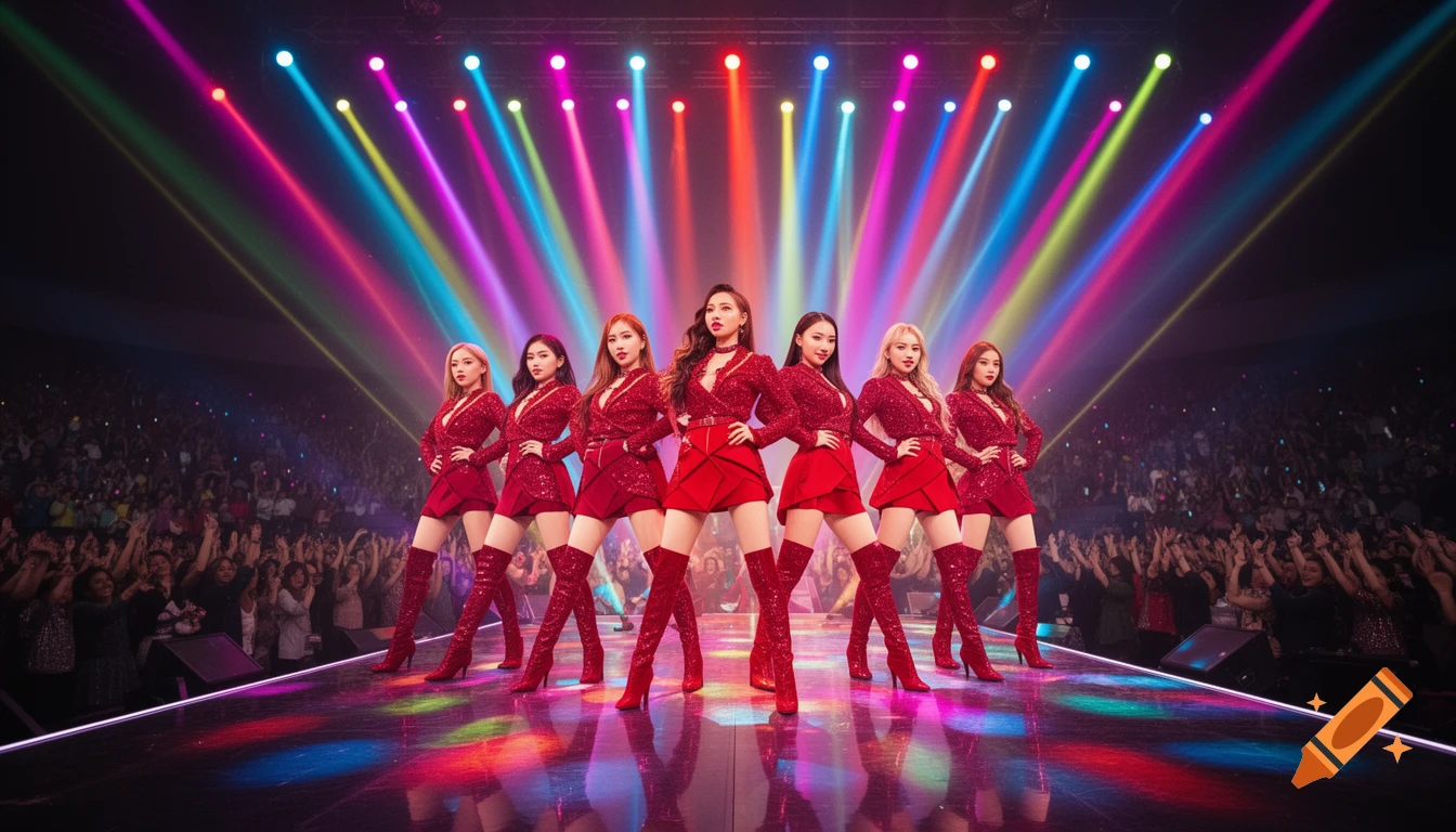 Seven K-pop idols in sparkling red outfits and thigh-high boots pose on a vibrant stage under colorful spotlights, performing for a large audience.