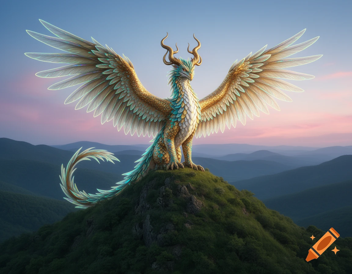 A majestic gold, teal, and white dragon with large bird-like wings and horns sits atop a lush green mountain at sunset.