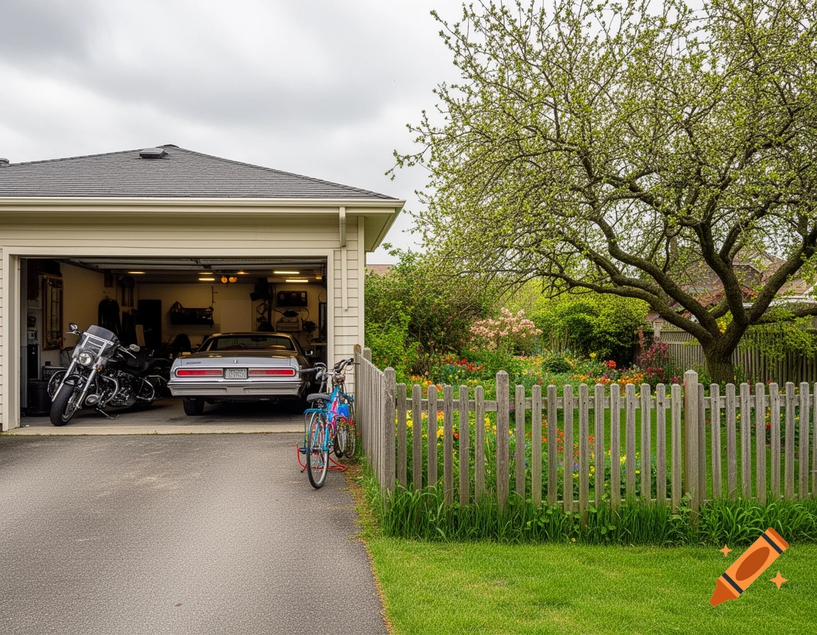 A garage with an open door reveals a motorcycle and a car, with a bicycle parked outside on the driveway. To the right, a wooden fence separates the driveway from a vibrant garden with a large tree and colorful flowers under a cloudy sky.