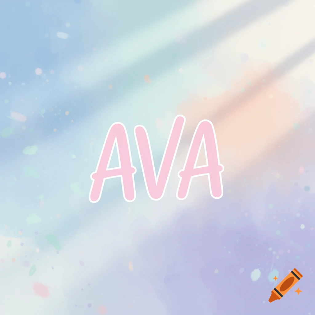 The word AVA in pink with a white outline against a dreamy pastel blue and purple background with light rays.