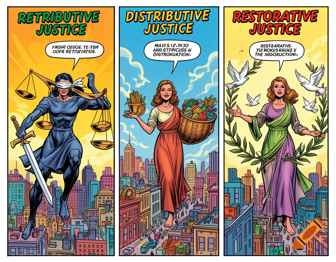 Comic book style triptych illustrating three forms of justice: Retributive (Lady Justice), Distributive (woman with basket of goods), and Restorative (woman with doves and olive branches), all floating above a cityscape.