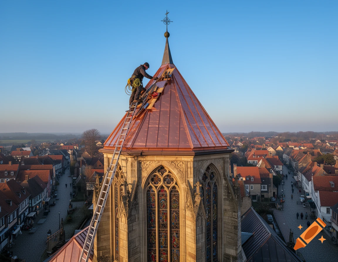 A roofer works on a church steeple, a ladder leaning against its copper roof, overlooking a European town under a clear sky.