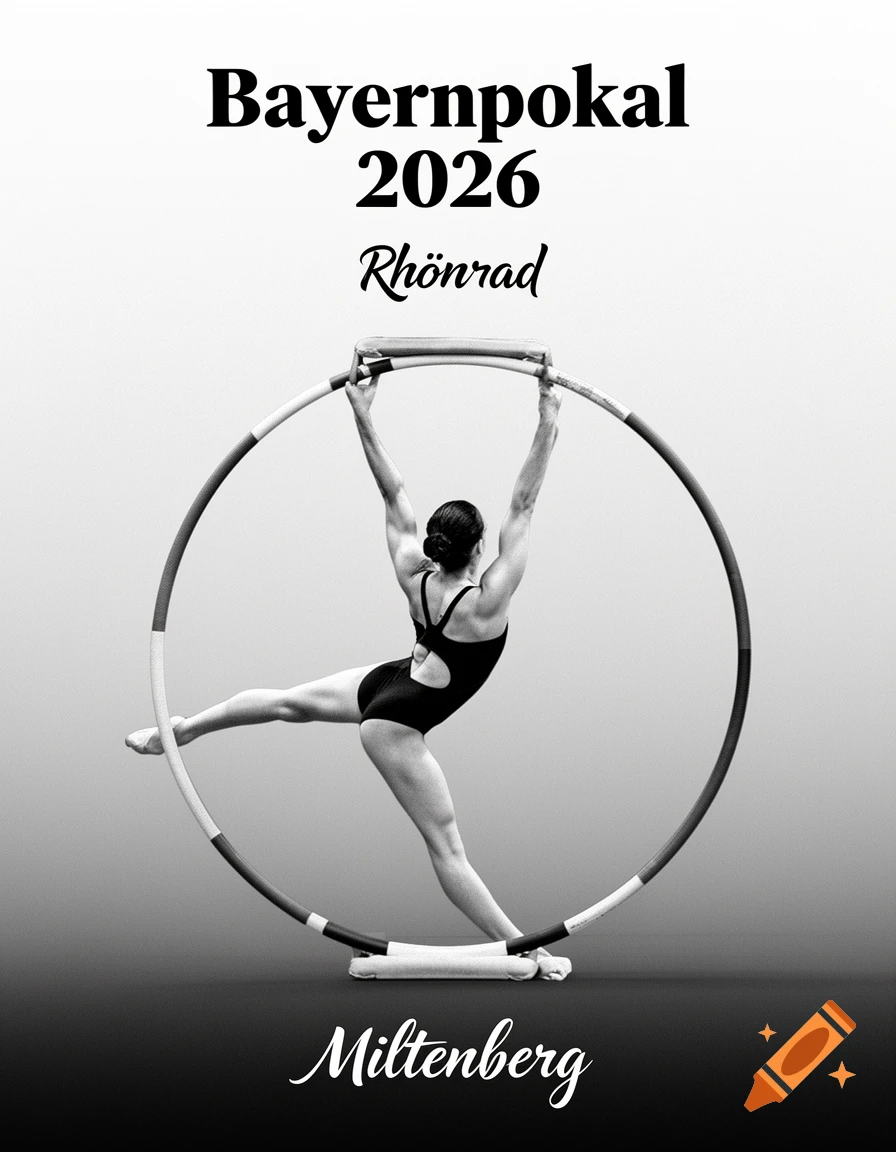 Black and white image of a female gymnast in a leotard performing with a Rhönrad (gymnastic wheel). Text reads "Bayernpokal 2026 Rhönrad Miltenberg".