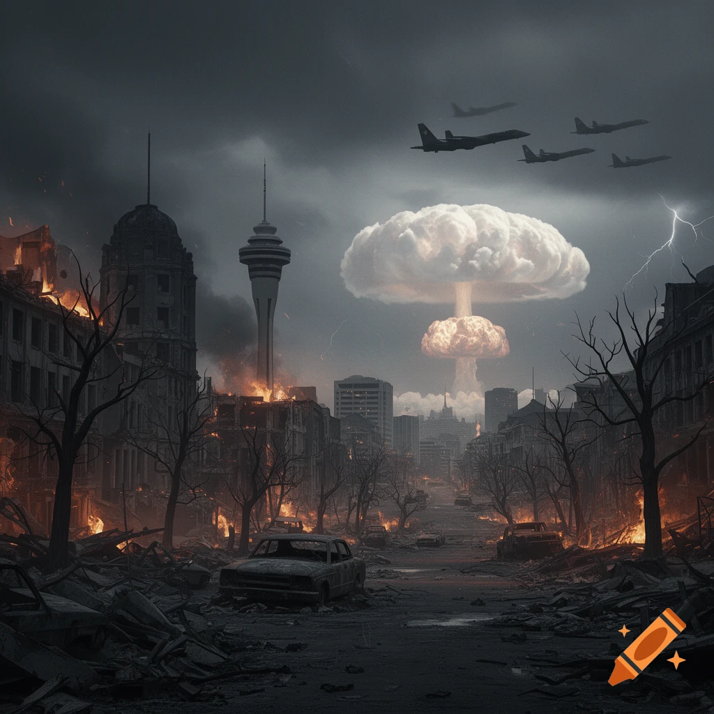 A dark, post-apocalyptic cityscape with a nuclear mushroom cloud, burning buildings, and military jets in a stormy sky.