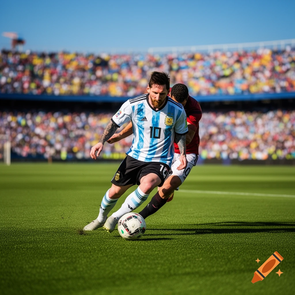 Lionel Messi in an Argentina jersey dribbling a soccer ball on a green field with a defender close behind, in a stadium with blurred crowds, photorealistic.