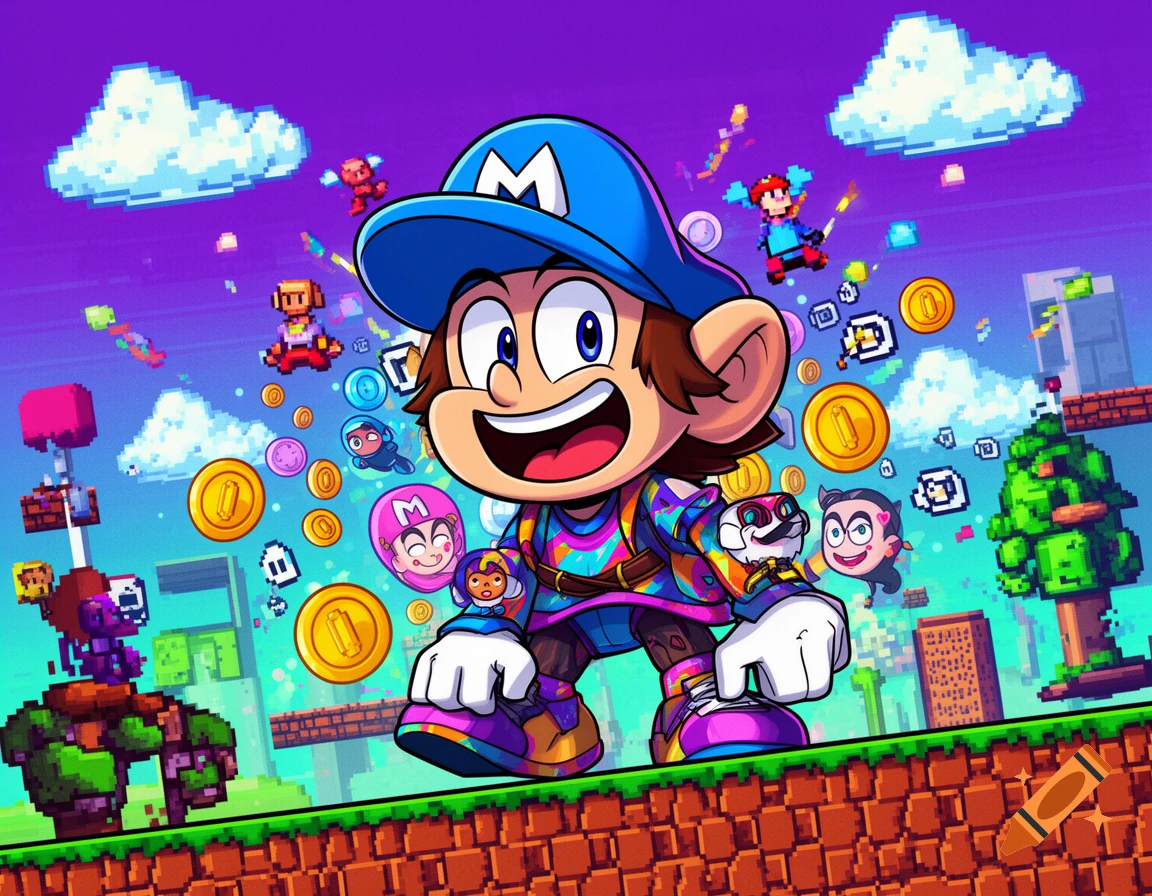 A vibrant cartoon character resembling Mario, wearing a blue cap with an 'M', stands in a colorful pixelated video game world filled with coins and small pixelated characters.