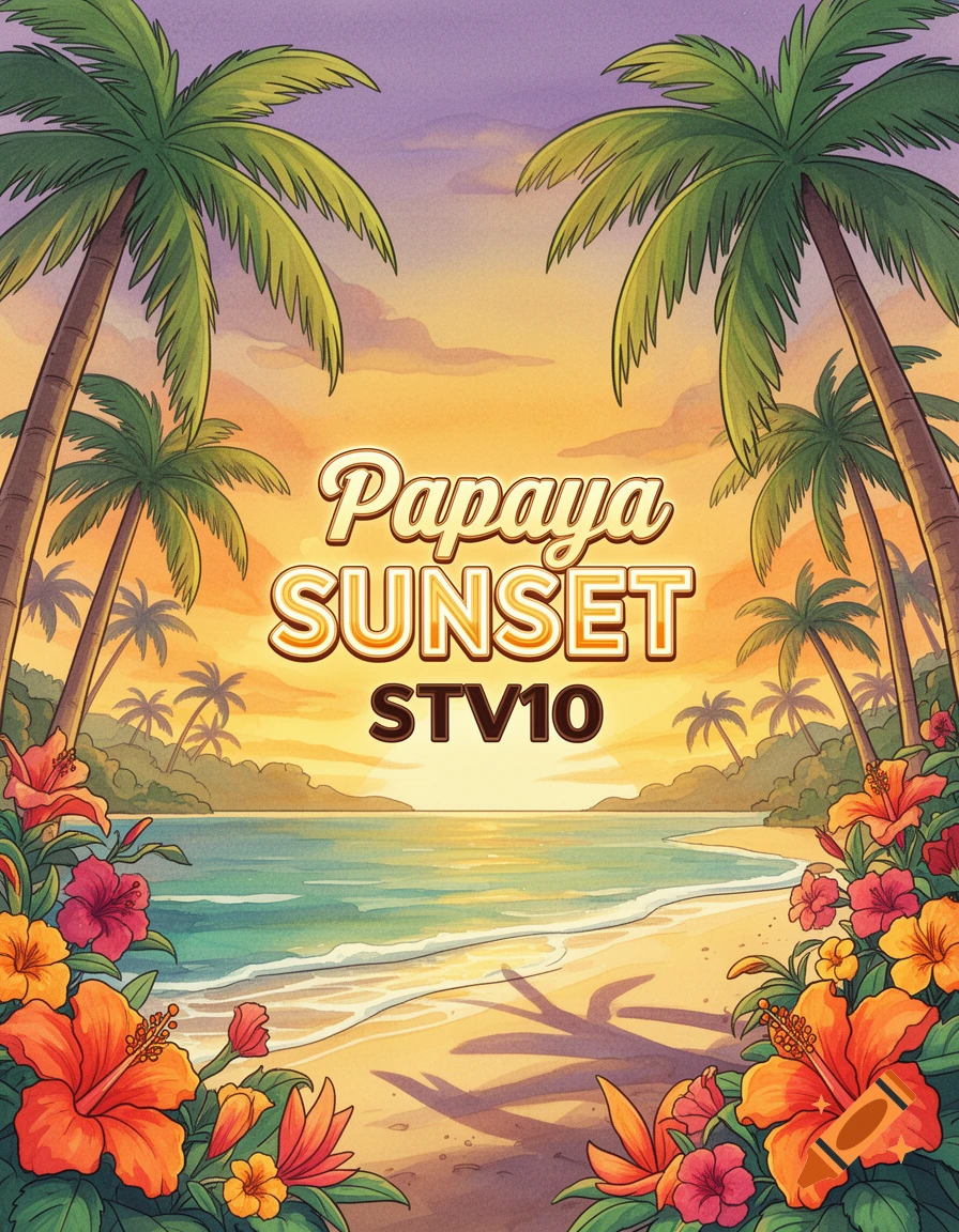 Vibrant cartoon illustration of a tropical beach at sunset with palm trees, hibiscus flowers, and text 'Papaya SUNSET STV10'.