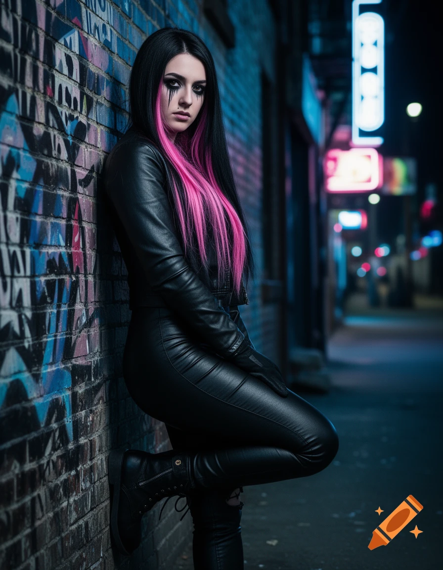 A woman with black hair and pink highlights, wearing a black leather jacket and pants, poses against a graffiti-covered brick wall at night with neon lights in the blurry background. Photorealistic style.