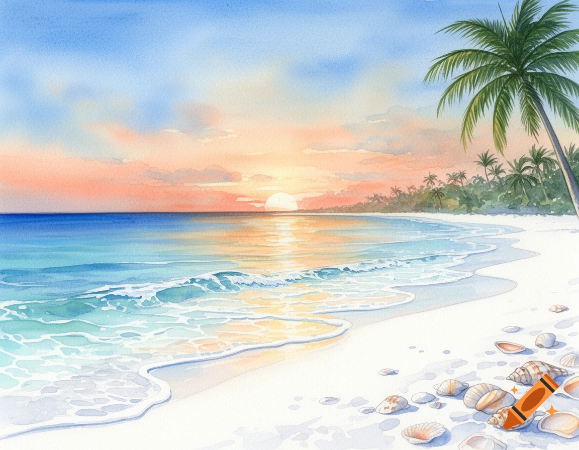 Watercolor painting of a tropical beach at sunset, with a lone palm tree, white sand, seashells, and blue waves.