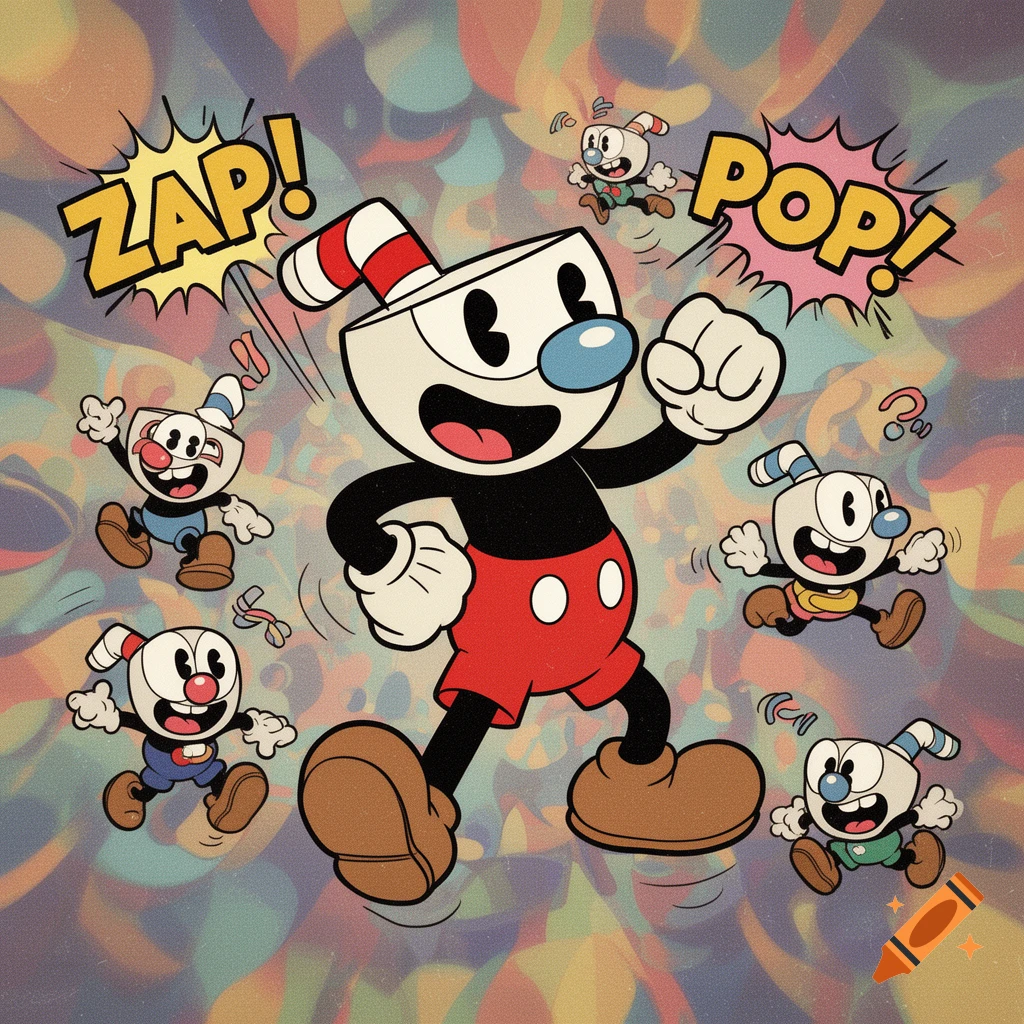 Cuphead character dancing with smaller versions of himself, featuring "ZAP!" and "POP!" speech bubbles in a retro cartoon style.