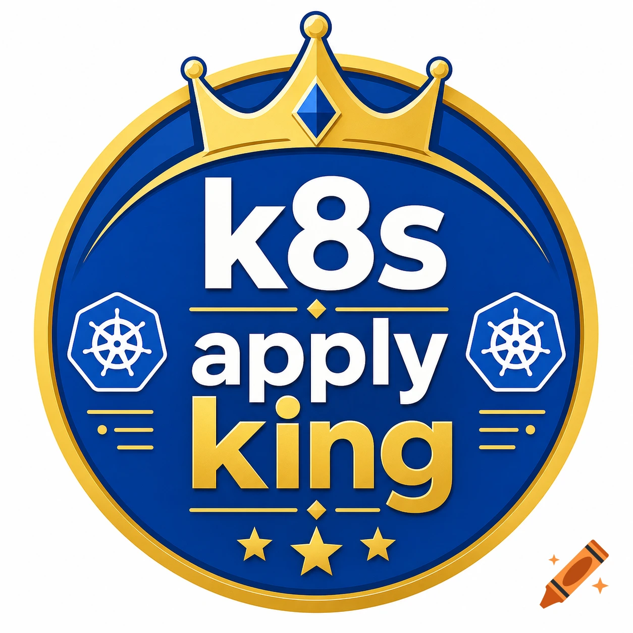 A blue and gold achievement badge with a crown, featuring the text 'k8s apply king' and three stars.