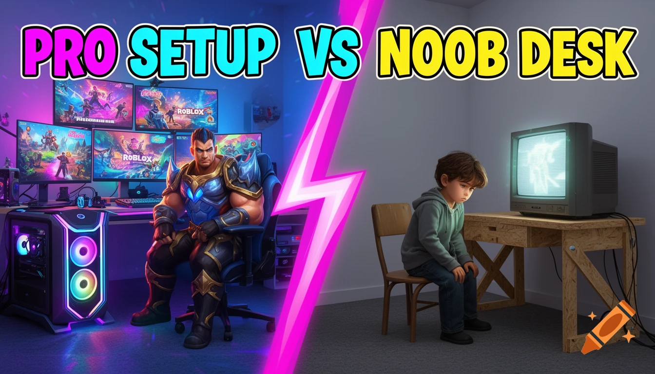 Split image: 'PRO SETUP' with a muscular gamer and high-end rig vs. 'NOOB DESK' with a sad child and old TV. Roblox theme.