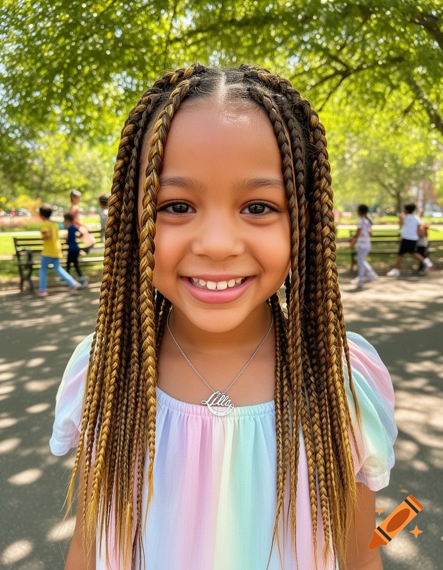 A smiling young girl with long brown and blonde braids wears a rainbow striped shirt and a necklace in a sunny park.