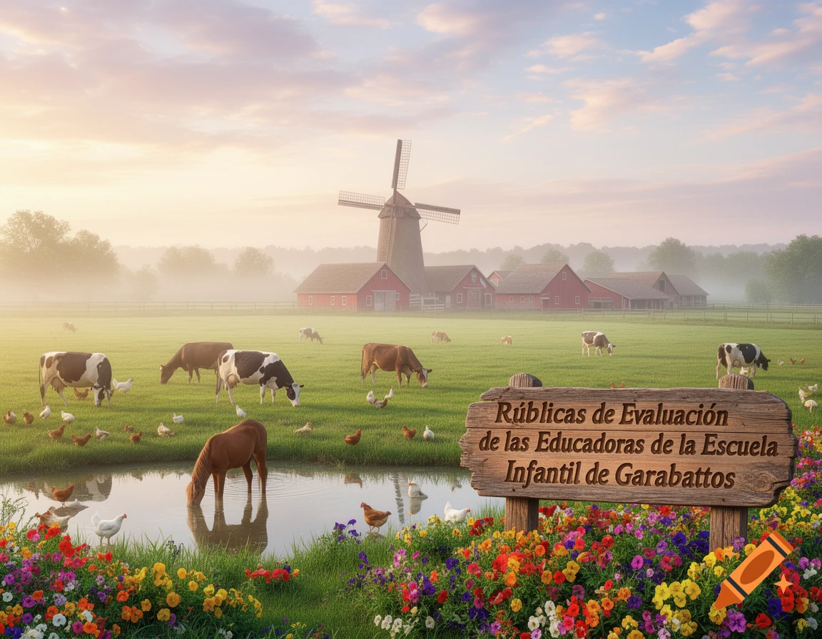 Photorealistic farm landscape with cows, chickens, a horse by a pond, a windmill, barns, and a wooden sign in the foreground with colorful flowers.