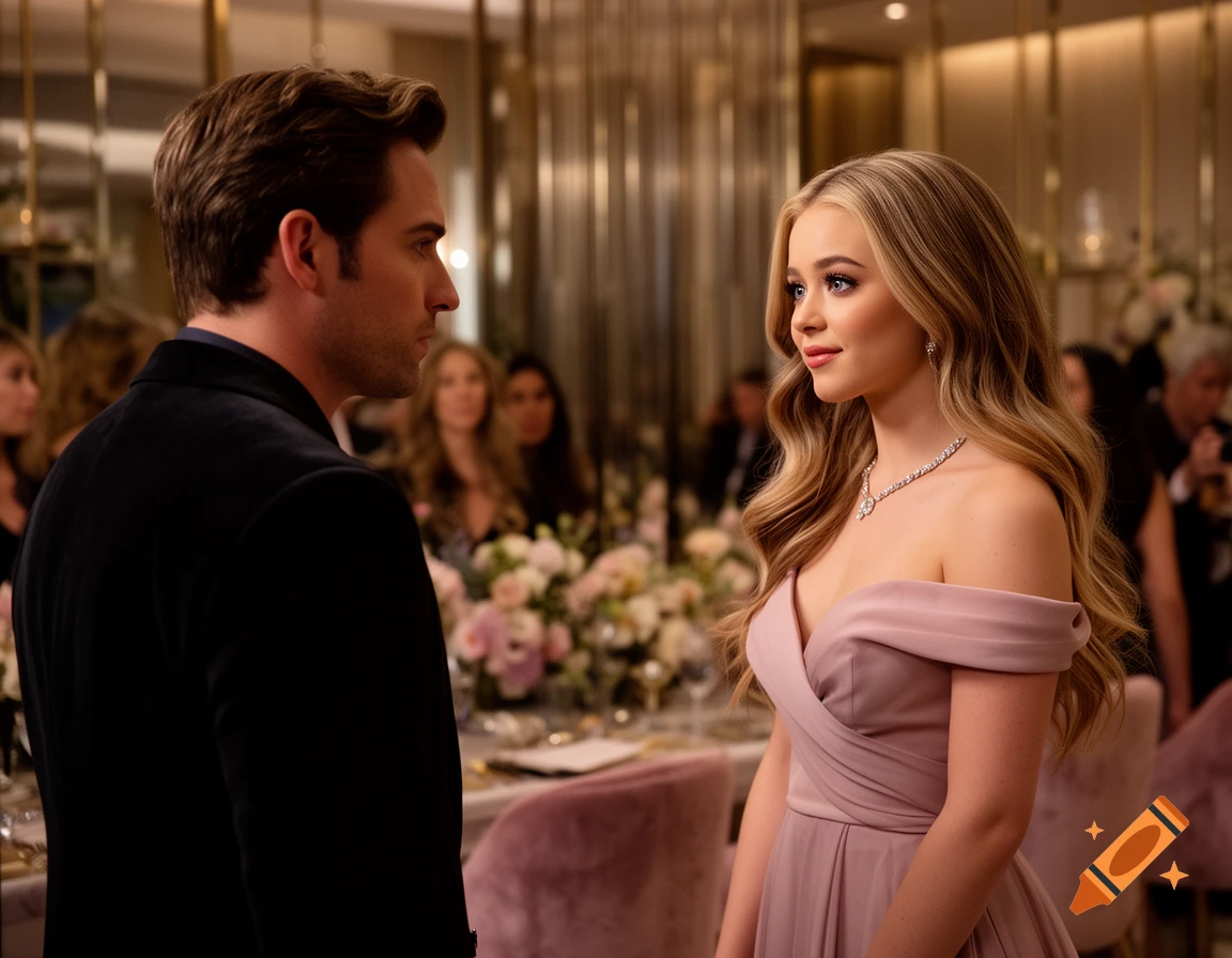 A man in a dark suit looking at a woman in a pink off-the-shoulder dress with a diamond necklace at a formal event.
