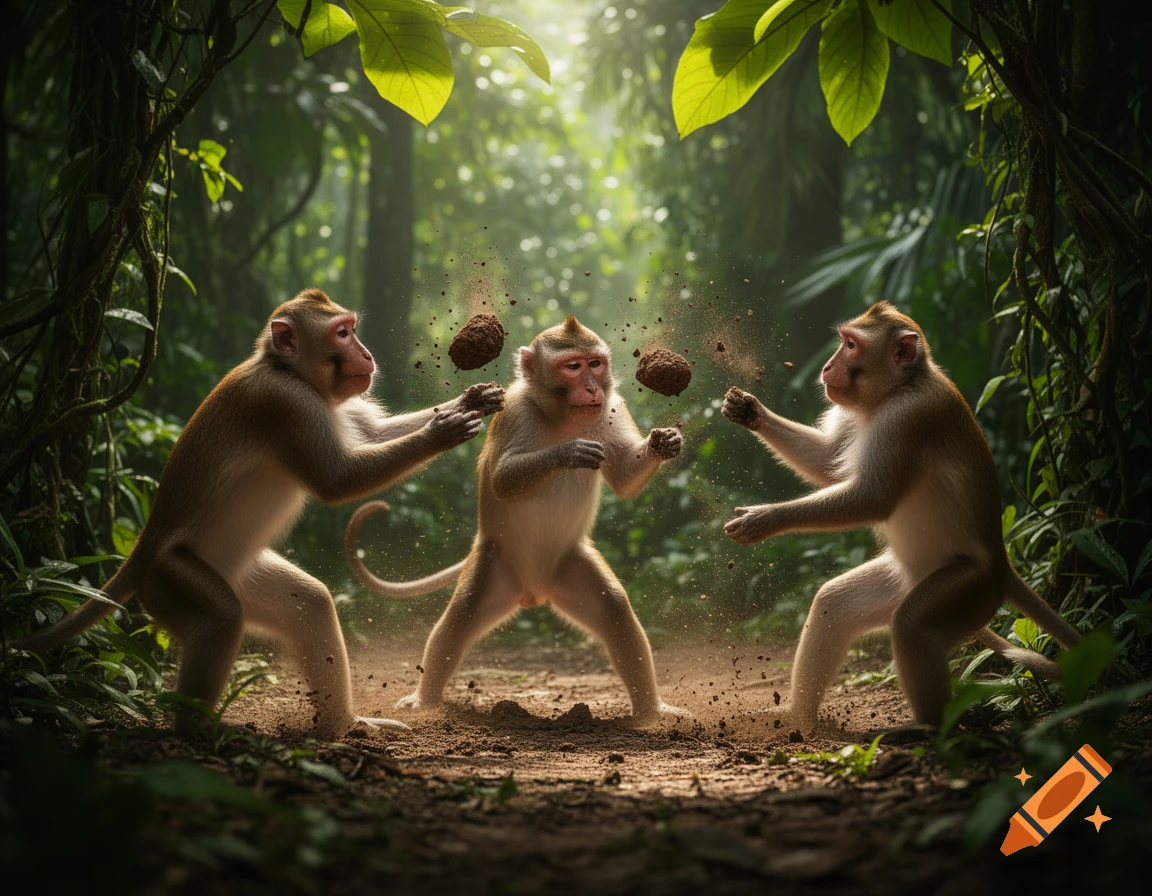 Three photorealistic monkeys in a lush jungle environment are actively throwing dirt clods at each other.