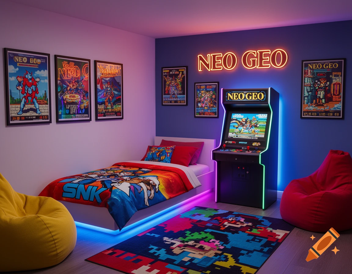 A Neo Geo themed bedroom with an arcade machine, a bed with SNK bedding, bean bag chairs, and neon signs and posters on the walls, all illuminated with purple and blue light.