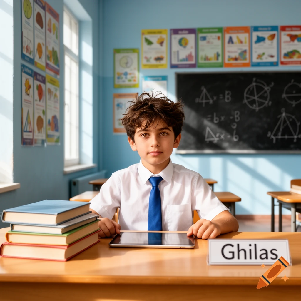 A young boy named Ghilas, wearing a white shirt and blue tie, sits at a school desk with books and a tablet in a classroom.