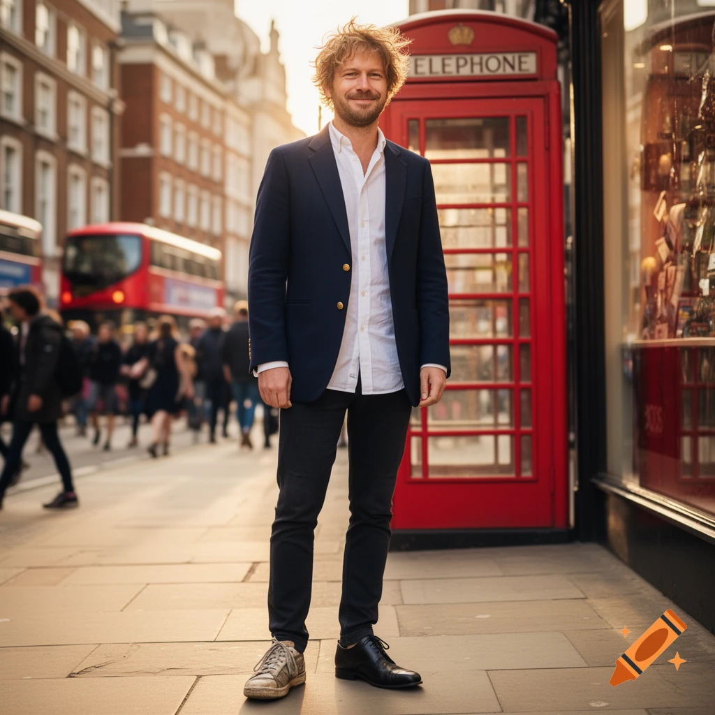 A smiling man in a blazer and mismatched shoes stands on a sunny London street next to a red telephone booth.