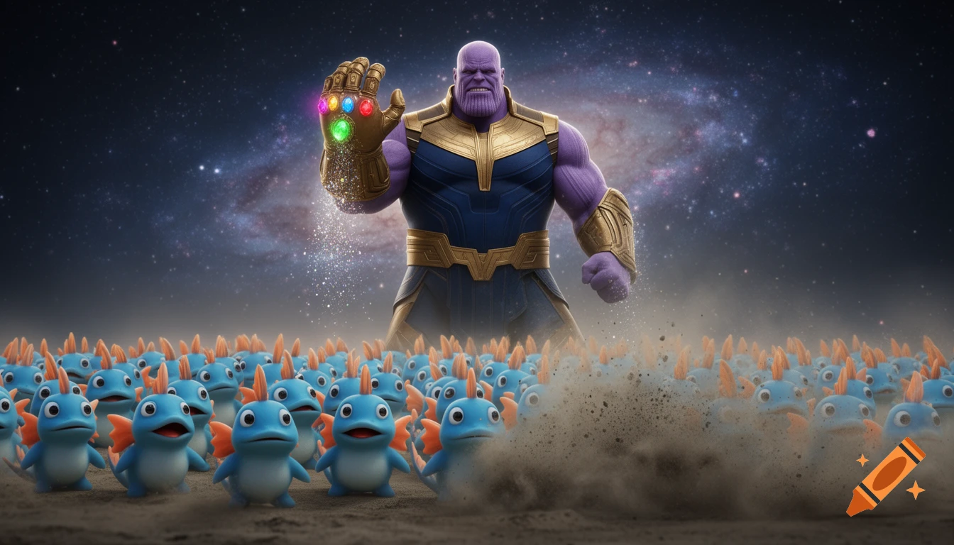 Thanos with the Infinity Gauntlet snaps his fingers as a crowd of Mudkips turns to dust on a cosmic landscape.