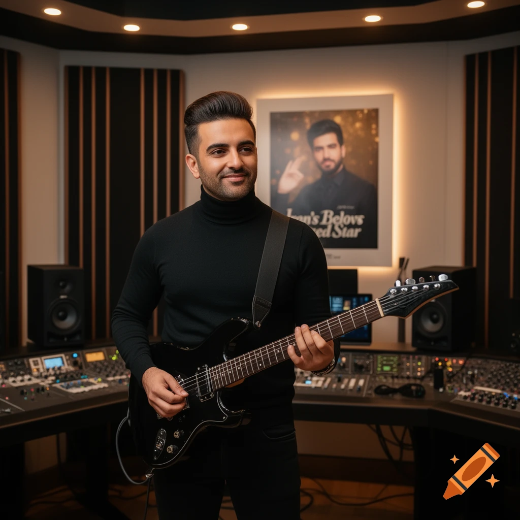 A man in a black turtleneck plays an electric guitar in a professional music studio, with a poster of another man in the background.