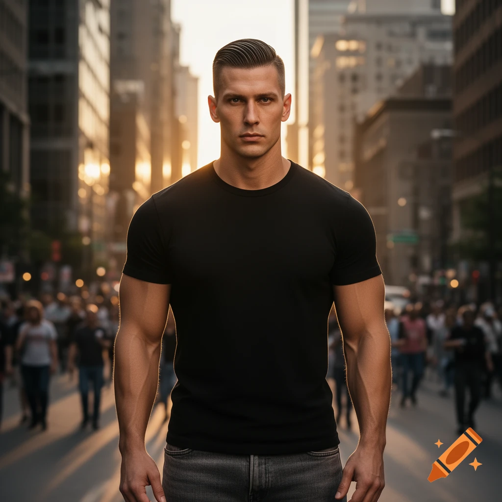 A handsome, muscular man in a black t-shirt and jeans stands confidently on a busy city street at sunset.