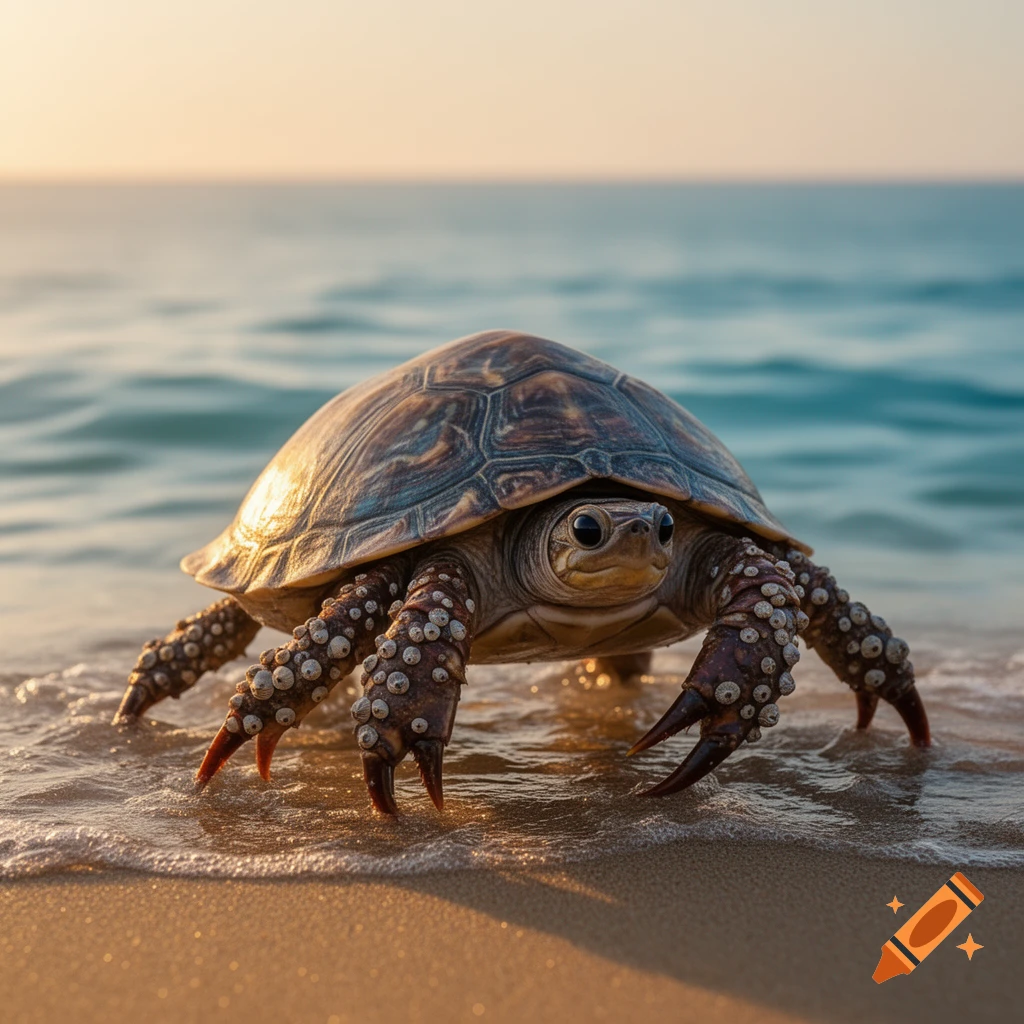 A photorealistic hybrid creature, part turtle and part crab, stands in shallow ocean water on a sandy beach at sunset.