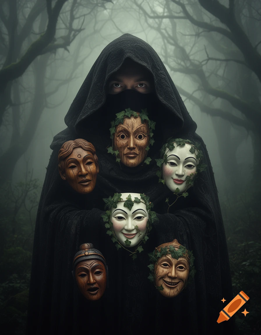 A person in a black hooded cloak holds various decorative wooden and white masks, standing in a foggy, dark forest.