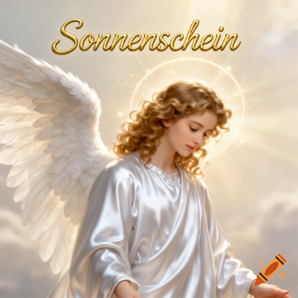 A serene young angel with curly blonde hair, white robes, and large white wings, looking down against a golden, cloud-filled sky. The word "Sonnenschein" floats above.