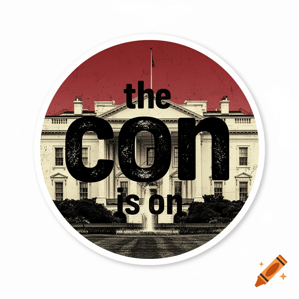 A circular sticker design featuring the White House in a distressed, high-contrast style. Overlaying the White House is the text 'the con is on' in bold, distressed black letters against a red sky.