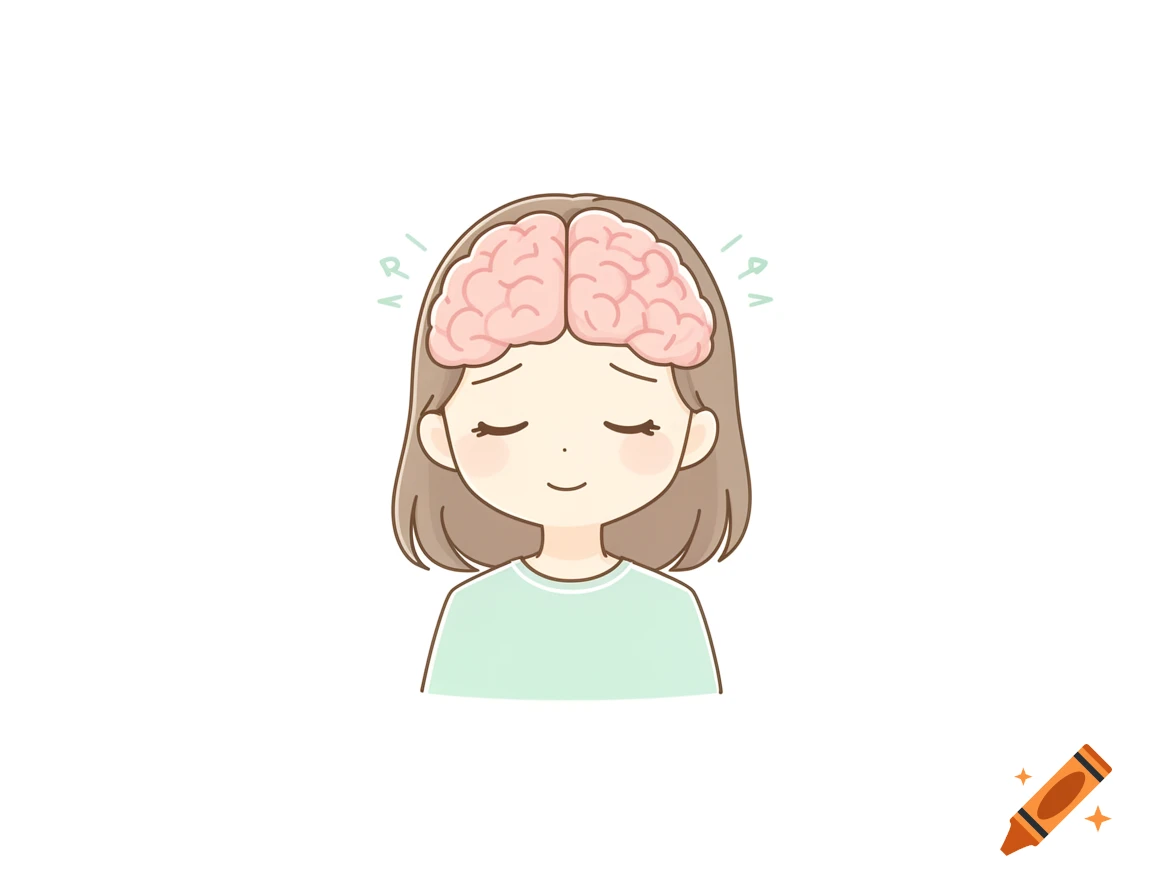 A minimalist vector illustration of a tired girl with her brain exposed, in a soft pastel palette, on a white background.