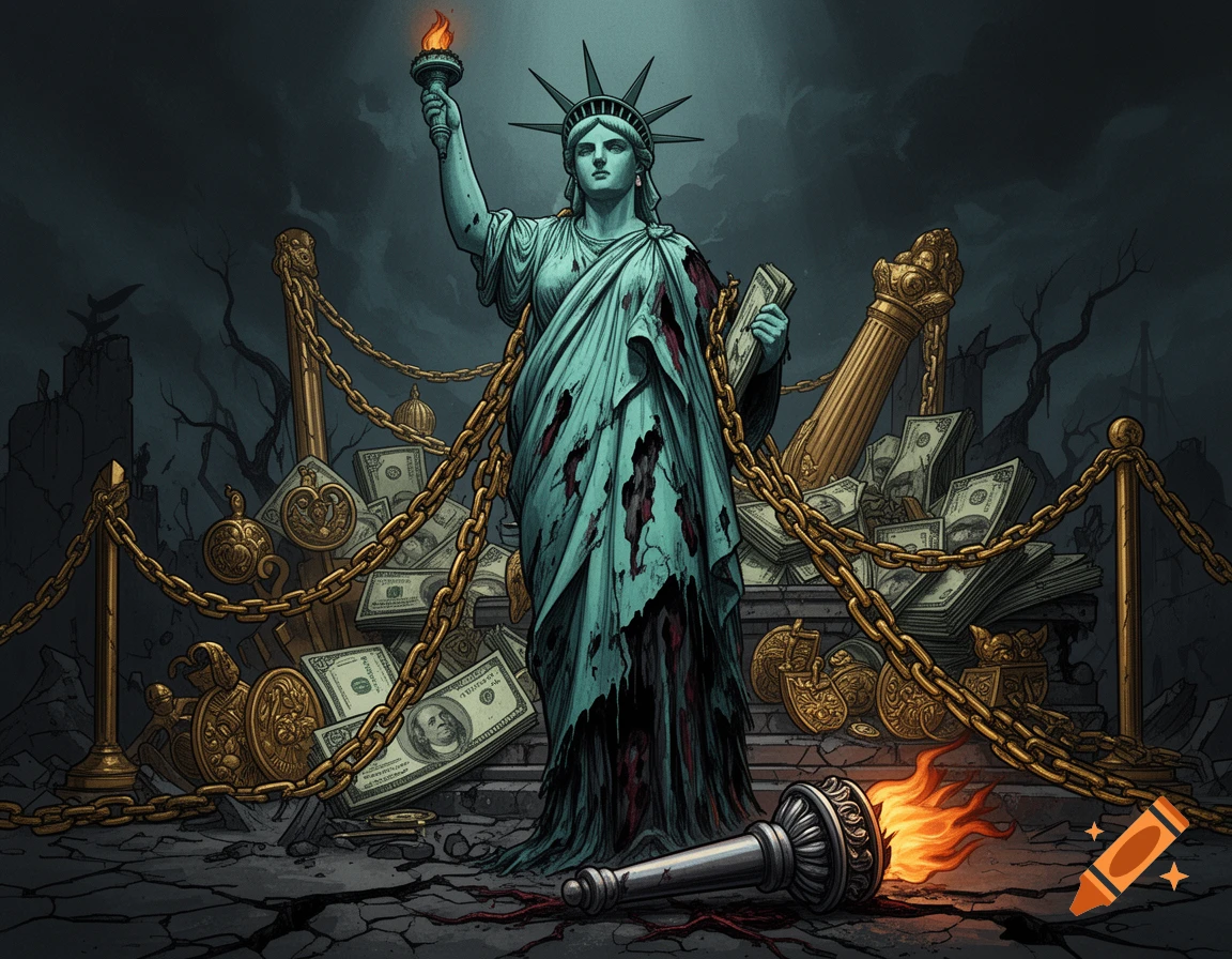 Dark, surreal illustration of a tattered Lady Liberty surrounded by chains, money, and a fallen torch, conveying a message of decay and corruption.